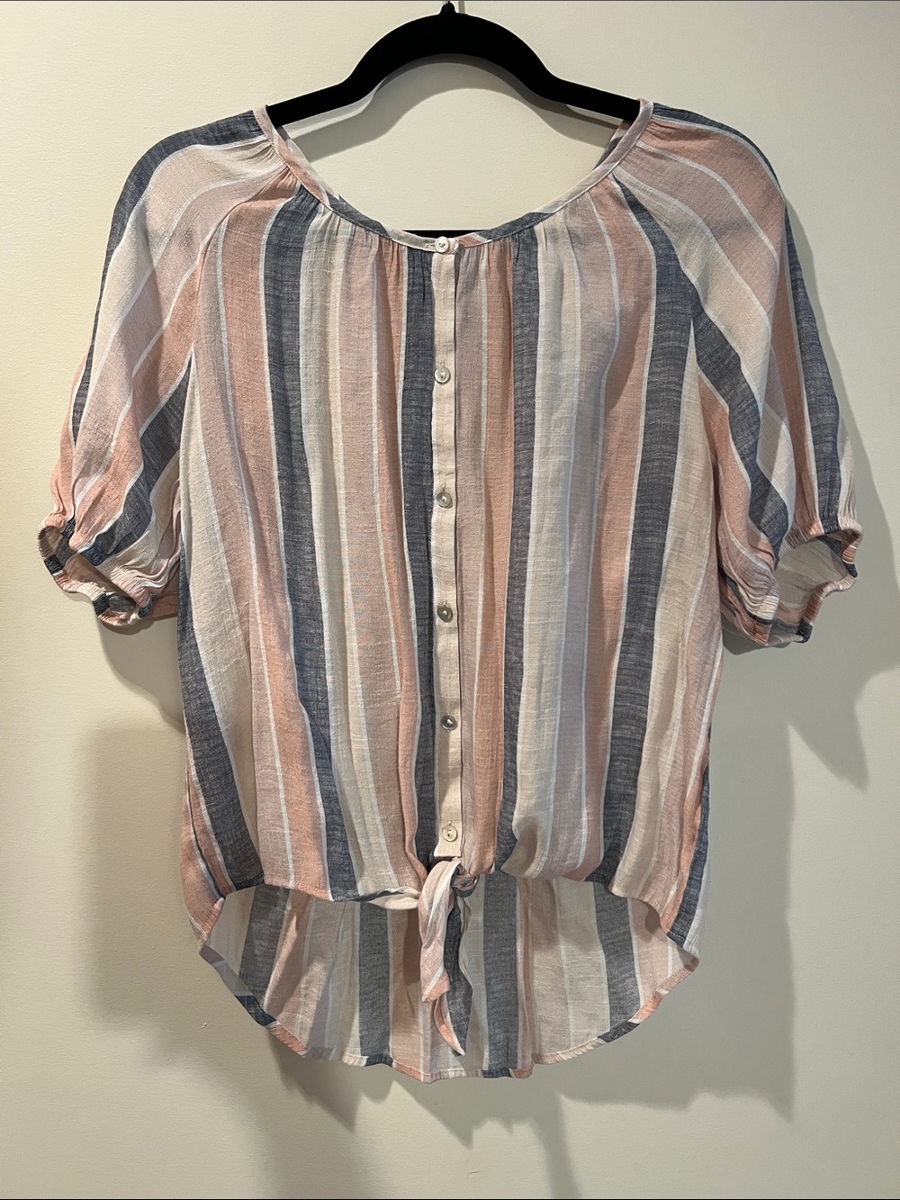 Coral Bay Striped Button-Front Tie-Hem Top — Peach & Navy